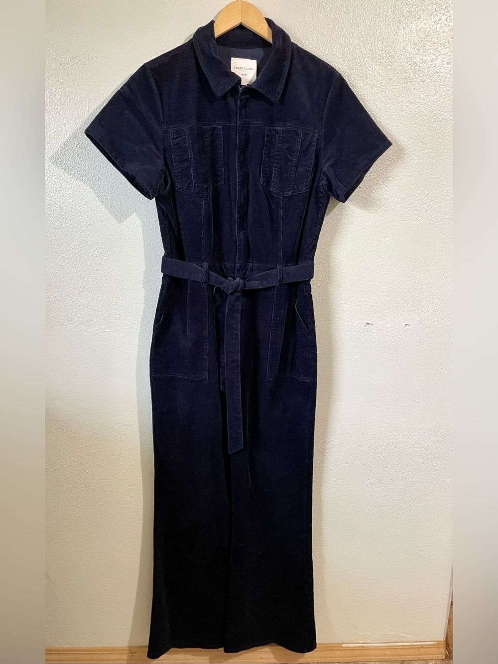 Habitual Dark Academia Navy Corduroy Belted Utility Jumpsuit Zip Front Sz 10